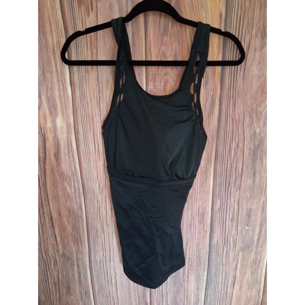 Athleta Black Lattice Macrame Tankini Swim Top Sz 36B/C